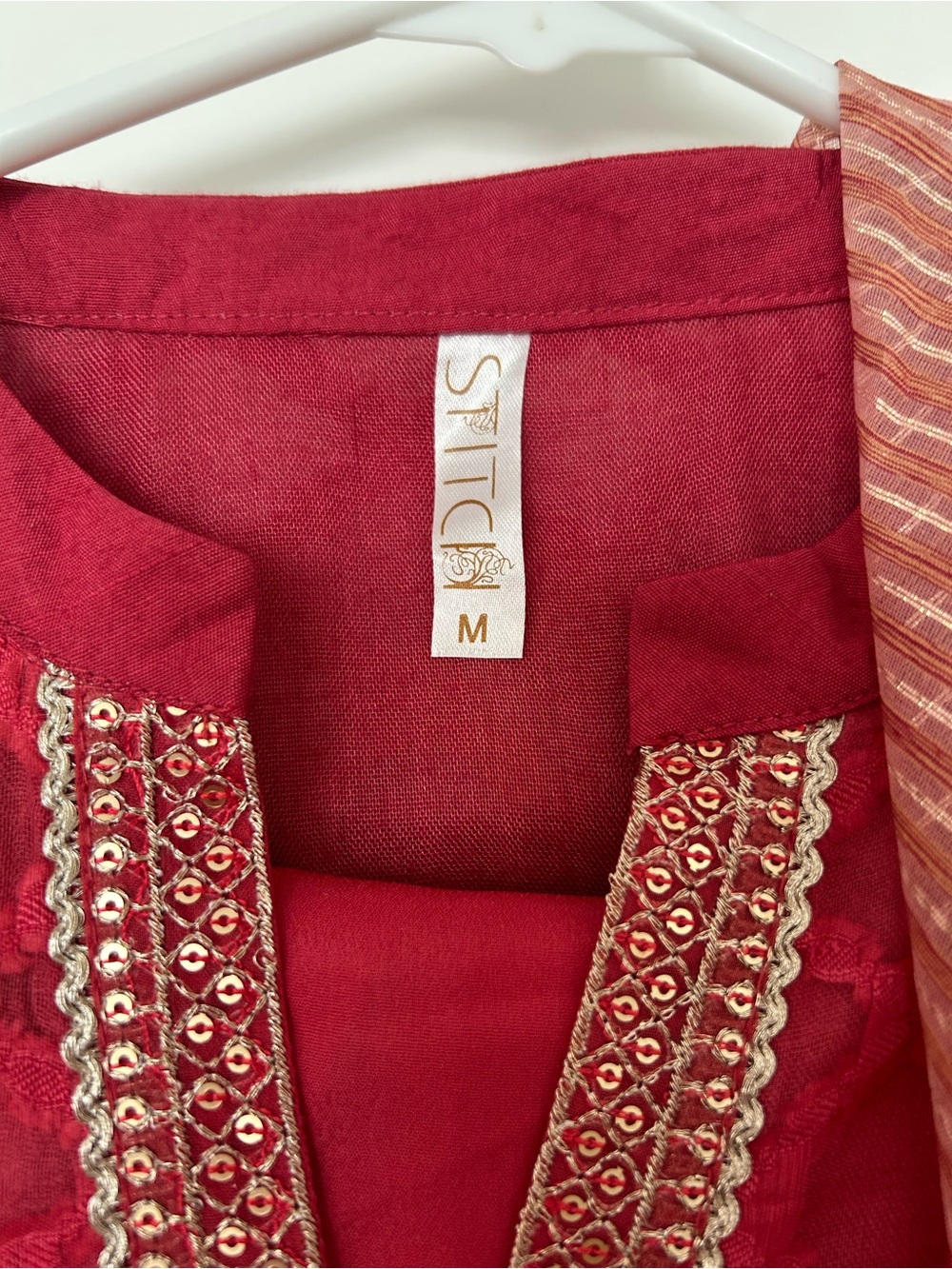 Embroidered Red Kurta Set with Striped dupatta - Picture 2 of 7